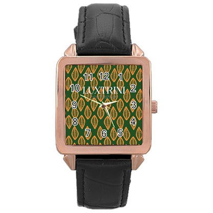 African | Ethnic | Mudcloth | #16 Green and Orange Rose Gold Leather Watch