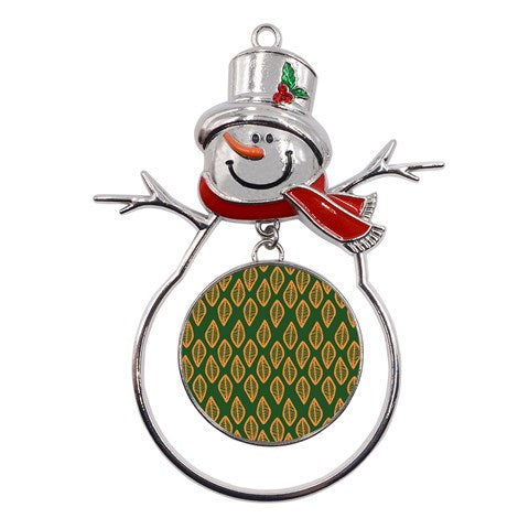 African | Ethnic | Mudcloth | #16 Green and Orange Metal Snowman Ornament