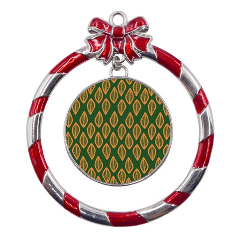 African | Ethnic | Mudcloth | #16 Green and Orange Metal Red Ribbon Round Ornament