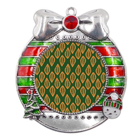 African | Ethnic | Mudcloth | #16 Green and Orange Metal X'Mas Ribbon With Red Crystal Round Ornament