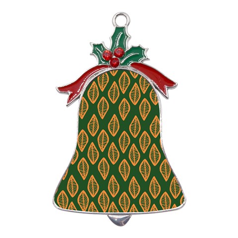 African | Ethnic | Mudcloth | #16 Green and Orange Metal Holly Leaf Bell Ornament