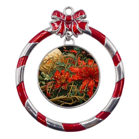 Mele Kalikimaka Hau Oli Makahiki Hou Metal Red Ribbon Round Ornament