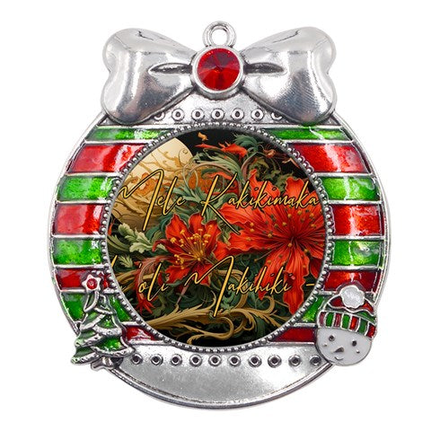 Mele Kalikimaka Hau Oli Makahiki Hou Metal X'Mas Ribbon With Red Crystal Round Ornament