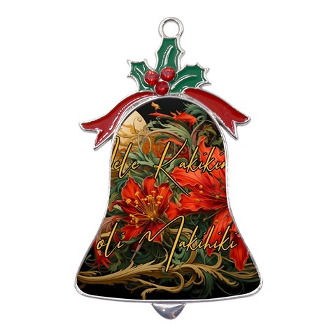 Mele Kalikimaka Hau Oli Makahiki Hou Metal Holly Leaf Bell Ornament