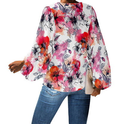 V-Neck Chiffon Puff Sleeve Blouse by Luxtrini