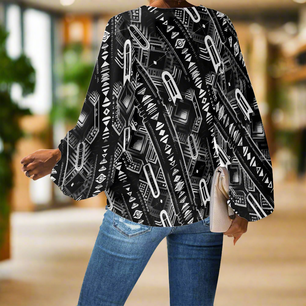 Ethnic African Kente pattern V-Neck Chiffon Puff Sleeve Blouse by Luxtrini