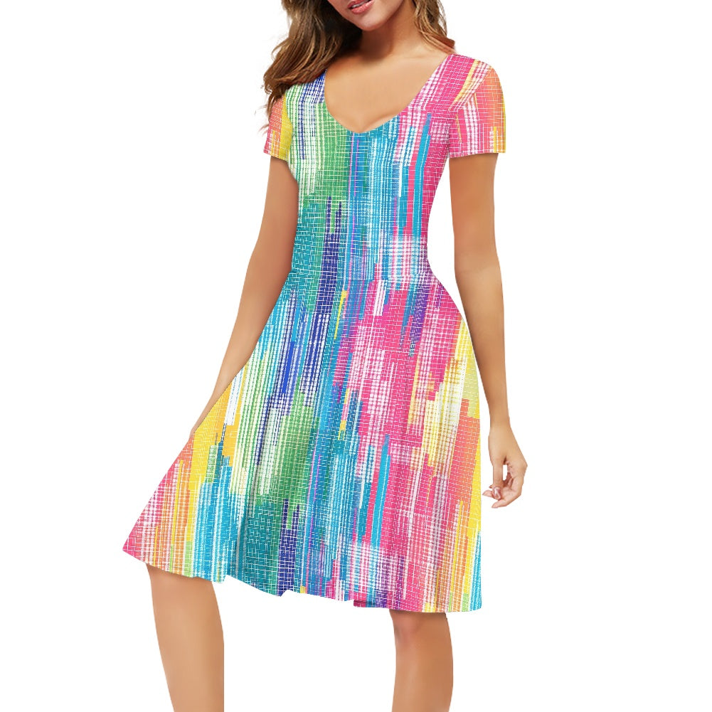 Rainbow Glitch Women V-Neck Short Sleeve Ruffle Dress