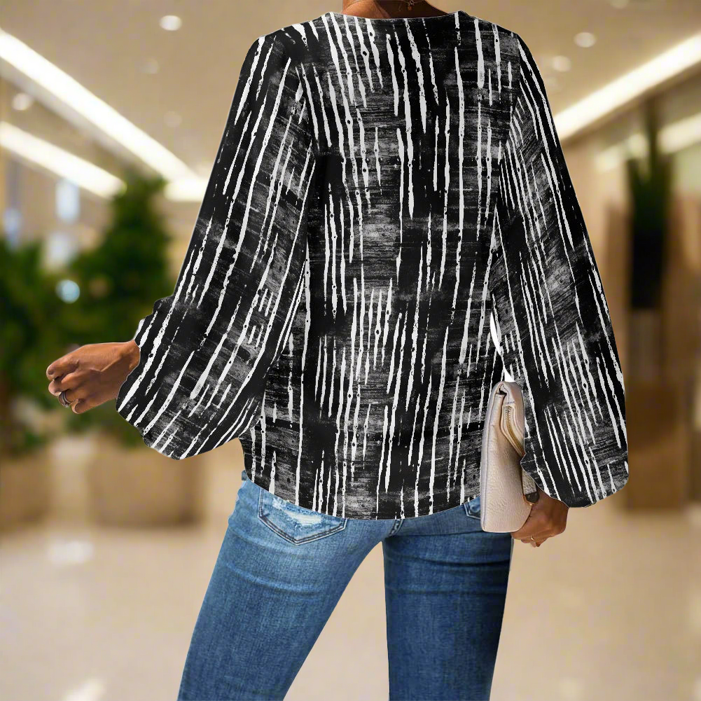 Black and White Mudcloth V-Neck Chiffon Puff Sleeve Blouse by Luxtrini
