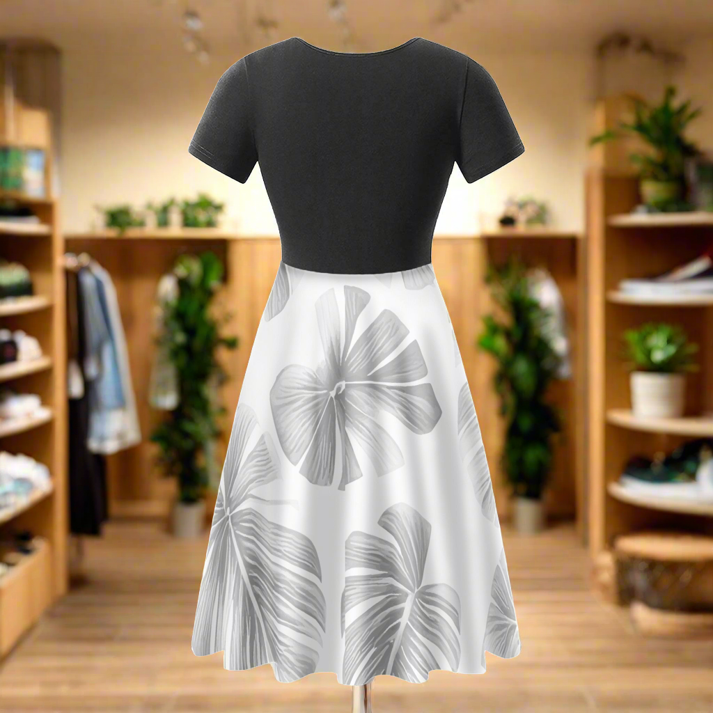 White Monstera Black V-Neck Ruffle Bottom Dress