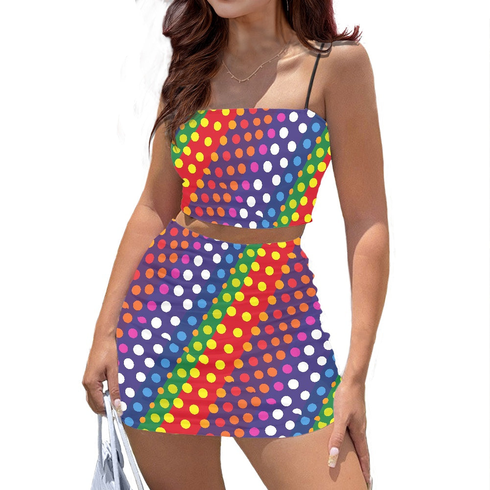 LGBTQ-Friendly Rainbow Polka Dot Fashionable Two-Piece Outfit: Bandeau Crop Top and High-Waist Mini Skirt by Luxtrini