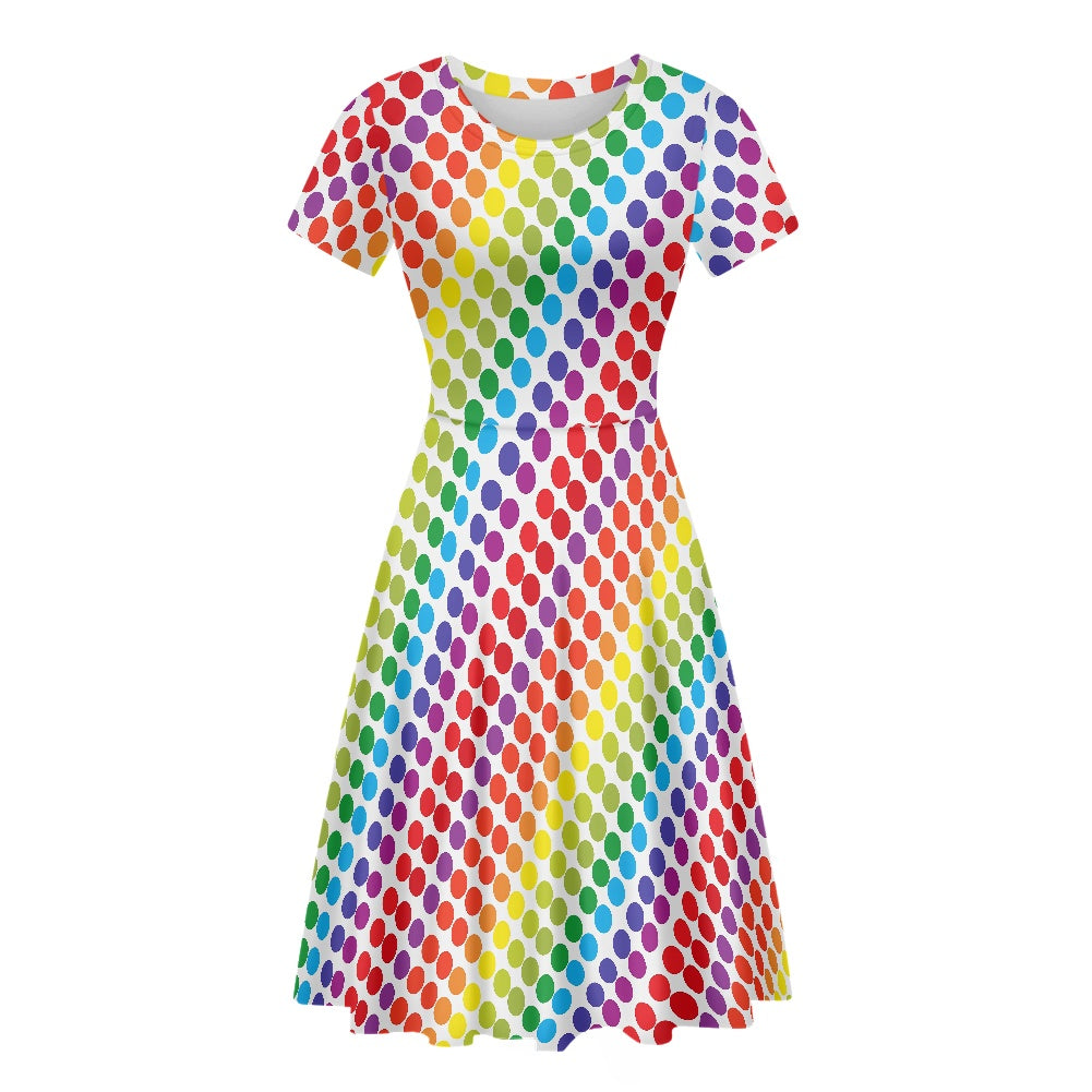 Rainbow Polka Dot Women Scoop Neck Short Sleeve Ruffle Dress white