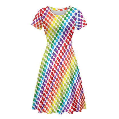 Rainbow Polka Dot Women Scoop Neck Short Sleeve Ruffle Dress white