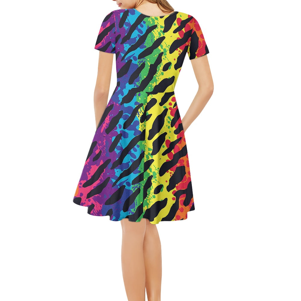 Animal Print Women V-Neck Short Sleeve Ruffle Dress