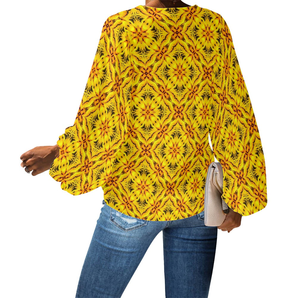 Toghu V-Neck Chiffon Puff Sleeve Blouse by Luxtrini