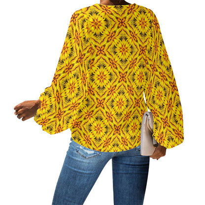 Toghu V-Neck Chiffon Puff Sleeve Blouse by Luxtrini