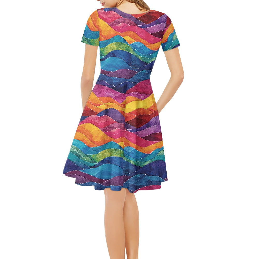 Women V-Neck Short Sleeve Ruffle Dress