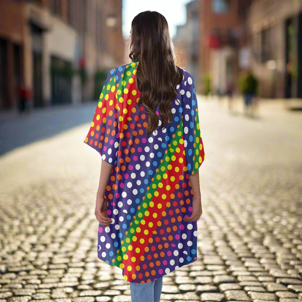 LGBTQ-Friendly Rainbow Polka Dot Versatile Three-Quarter Sleeve Kimono Cover-Up for Beach or Casual Wear by Luxtrini