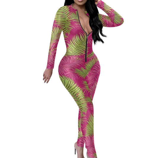 All-Over Print Women's Plunging Neck Jumpsuit white