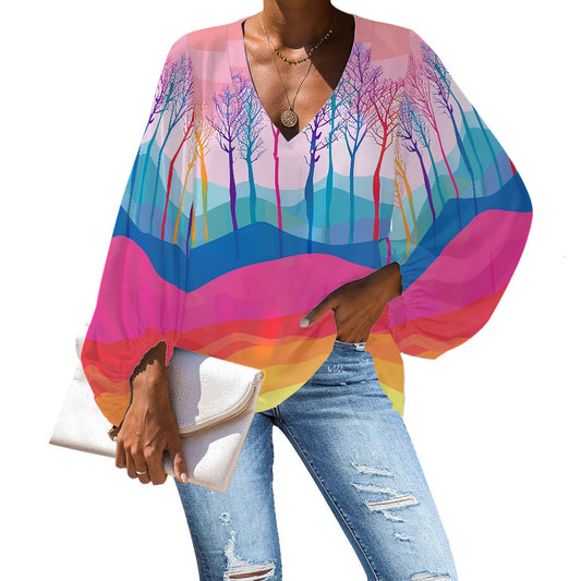 V-Neck Chiffon Puff Sleeve Blouse by Luxtrini 4XL
