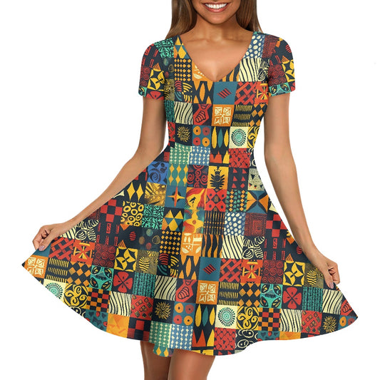 Women V-Neck Short Sleeve Ruffle Dress