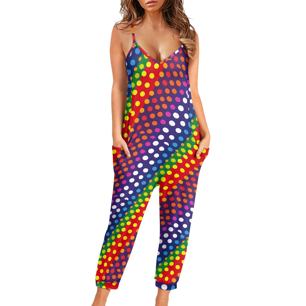 LGBTQ-Friendly Rainbow Polka Dot 
Airy Casual Sleeveless Jumpsuit with V-Neck and Side Pockets – Ideal for Relaxed Summer Outings by Luxtrini