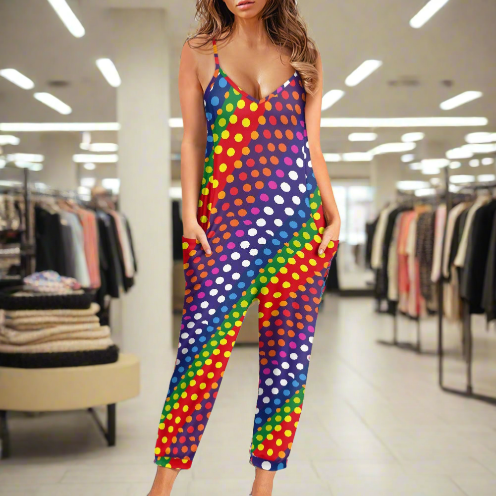 LGBTQ-Friendly Rainbow Polka Dot 
Airy Casual Sleeveless Jumpsuit with V-Neck and Side Pockets – Ideal for Relaxed Summer Outings by Luxtrini