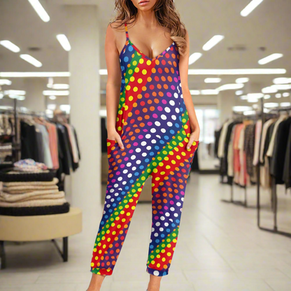 LGBTQ-Friendly Rainbow Polka Dot 
Airy Casual Sleeveless Jumpsuit with V-Neck and Side Pockets – Ideal for Relaxed Summer Outings by Luxtrini