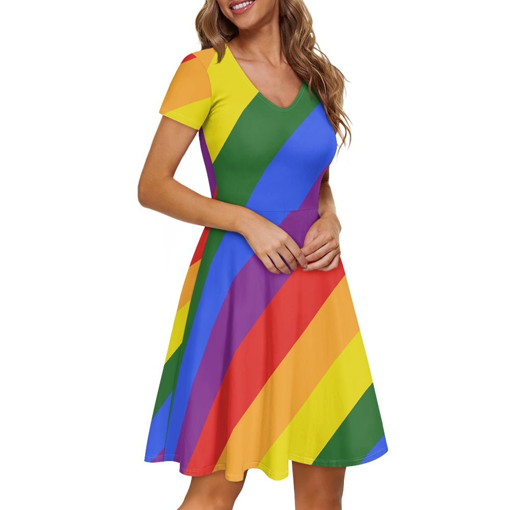 Rainbow Women short Sleeve Ruffle Dress