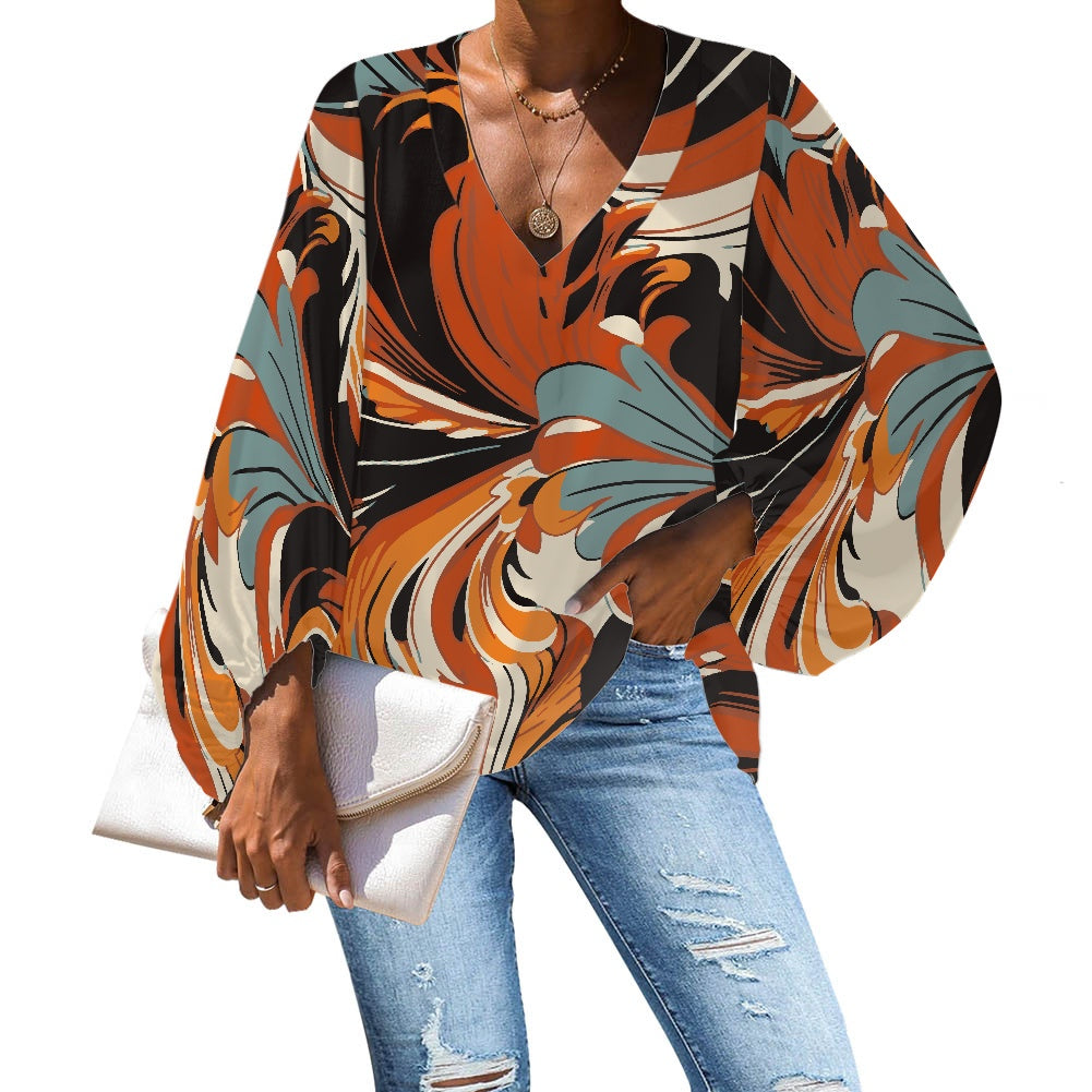 Swirling Orange and Blue Abstract V-Neck Chiffon Puff Sleeve Blouse by Luxtrini 4XL