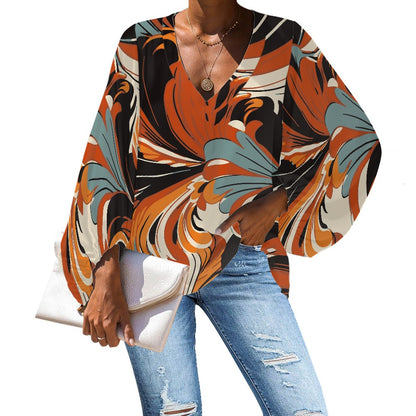 Swirling Orange and Blue Abstract V-Neck Chiffon Puff Sleeve Blouse by Luxtrini 4XL