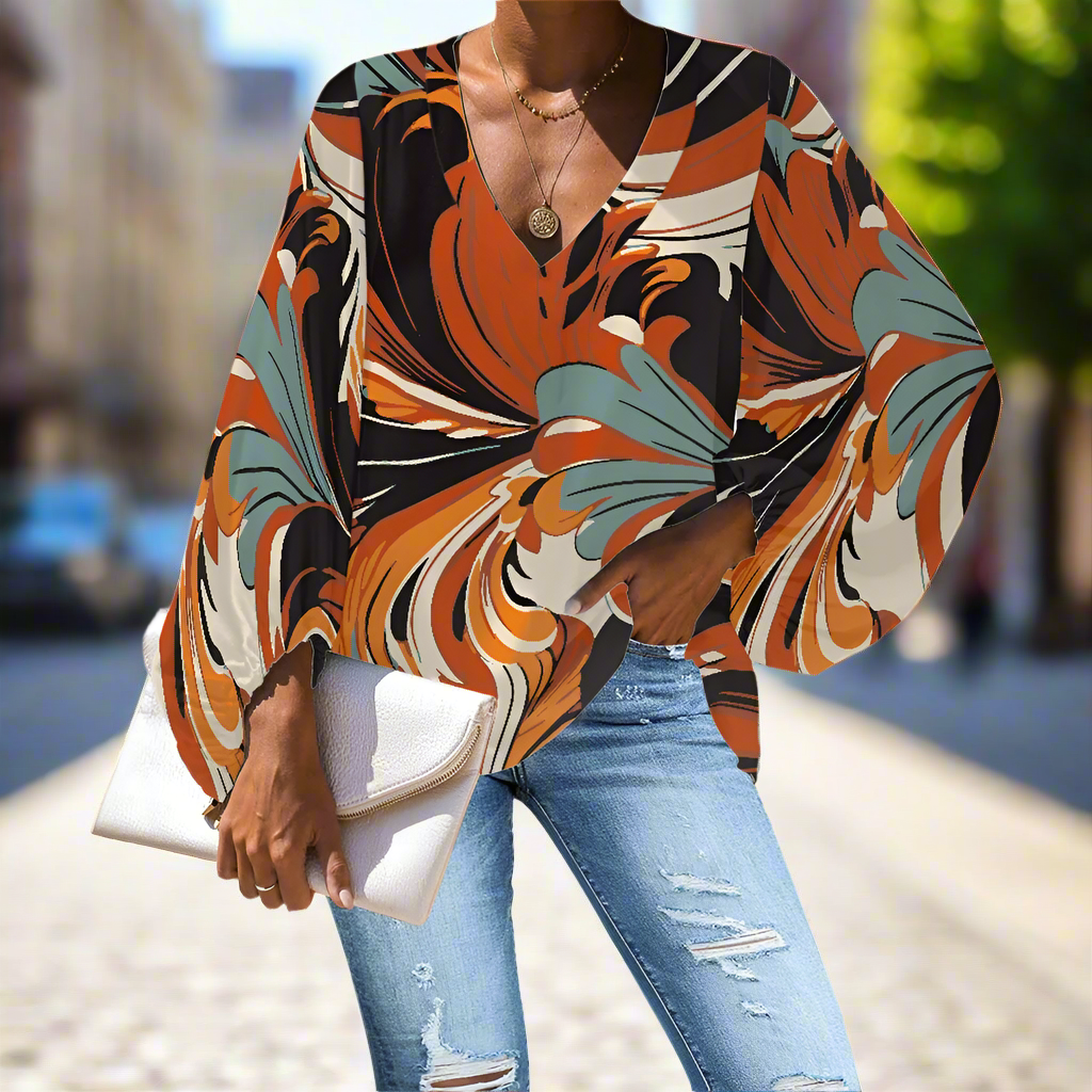 Swirling Orange and Blue Abstract V-Neck Chiffon Puff Sleeve Blouse by Luxtrini