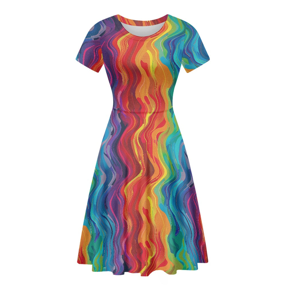 Women Scoop Neck Short Sleeve Ruffle Dress white