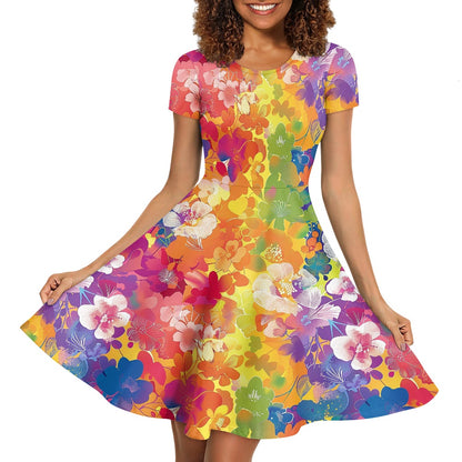 Women Scoop Neck Short Sleeve Ruffle Dress