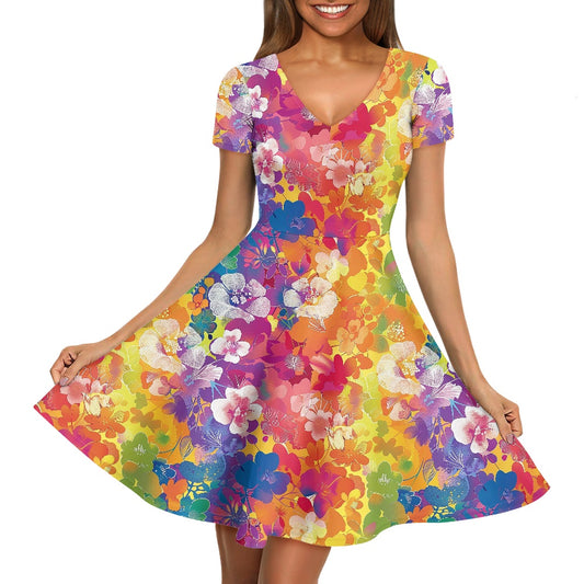 Women V-Neck Short Sleeve Ruffle Dress