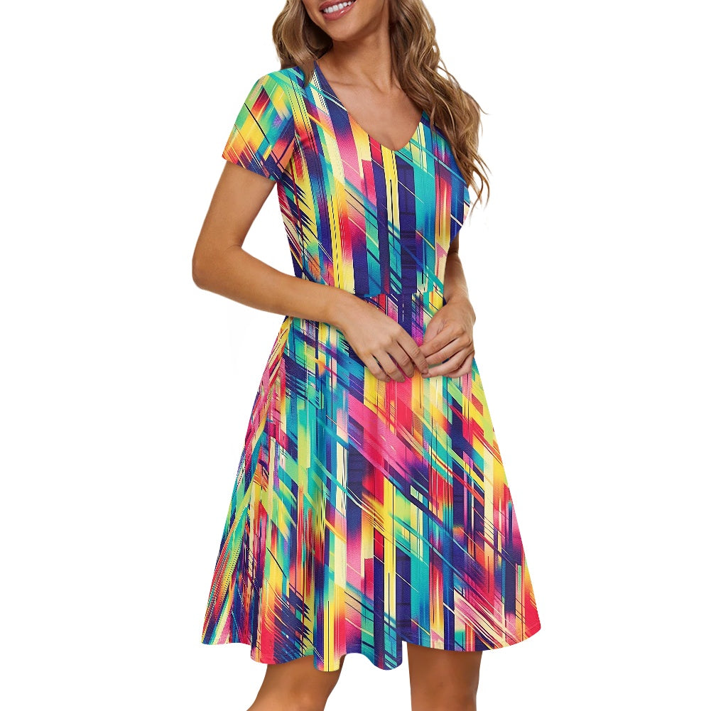 Rainbow Glitch Women V-Neck Short Sleeve Ruffle Dress