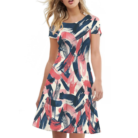 Women Scoop Neck Short Sleeve Ruffle Dress