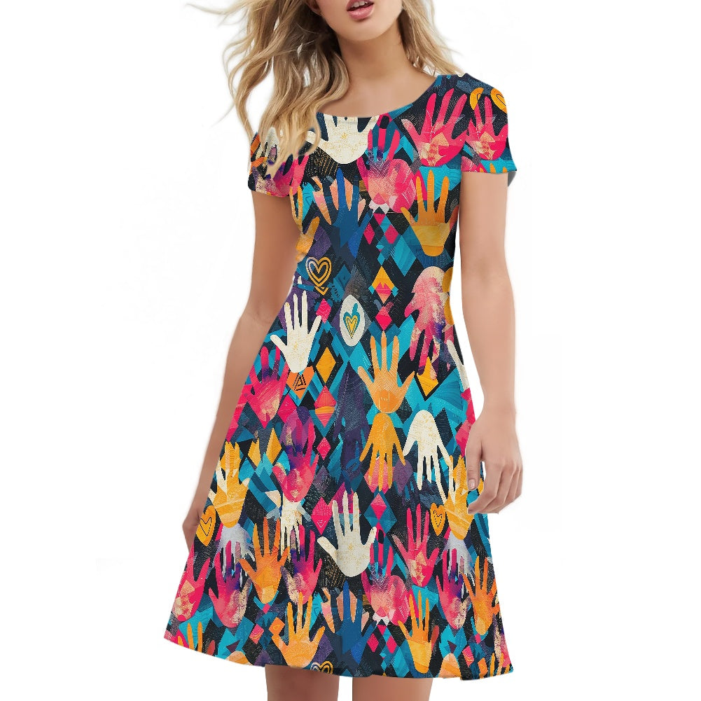 Women Scoop Neck Short Sleeve Ruffle Dress