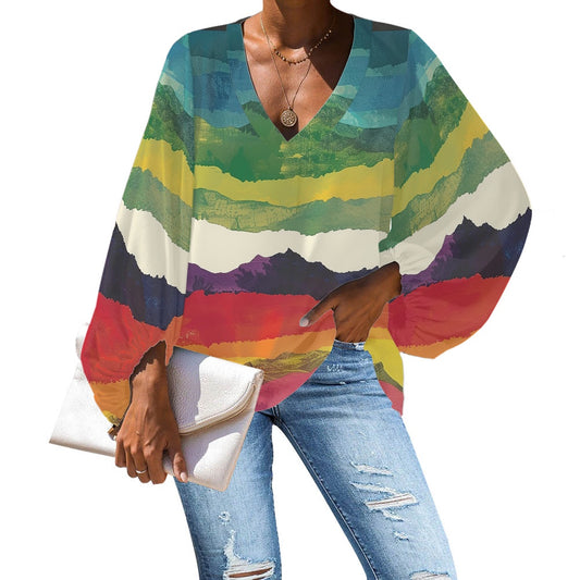 V-Neck Chiffon Puff Sleeve Blouse by Luxtrini 4XL