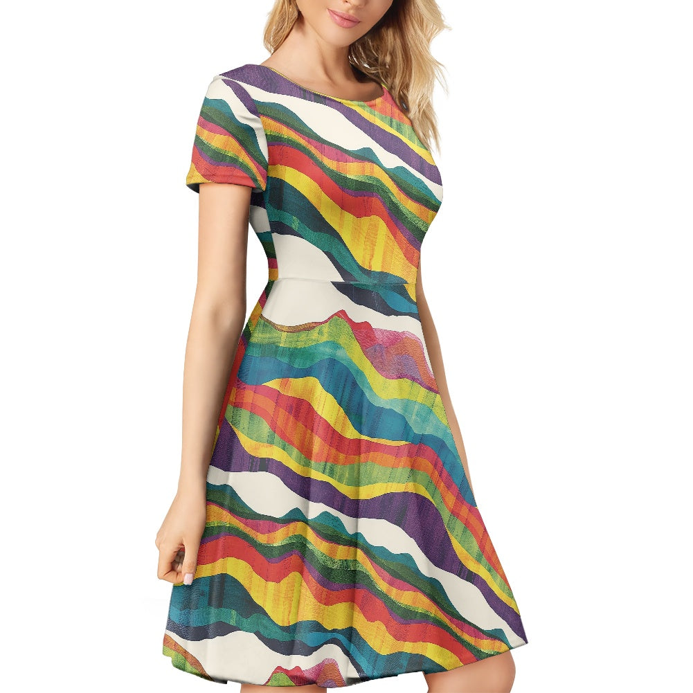 Women Scoop Neck Short Sleeve Ruffle Dress