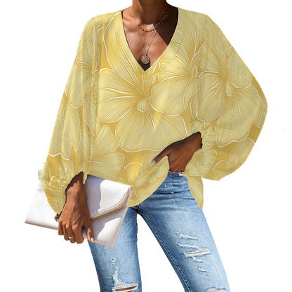 Elegant Hawaiian Floral V-Neck Chiffon Puff Sleeve Blouse by Luxtrini 4XL