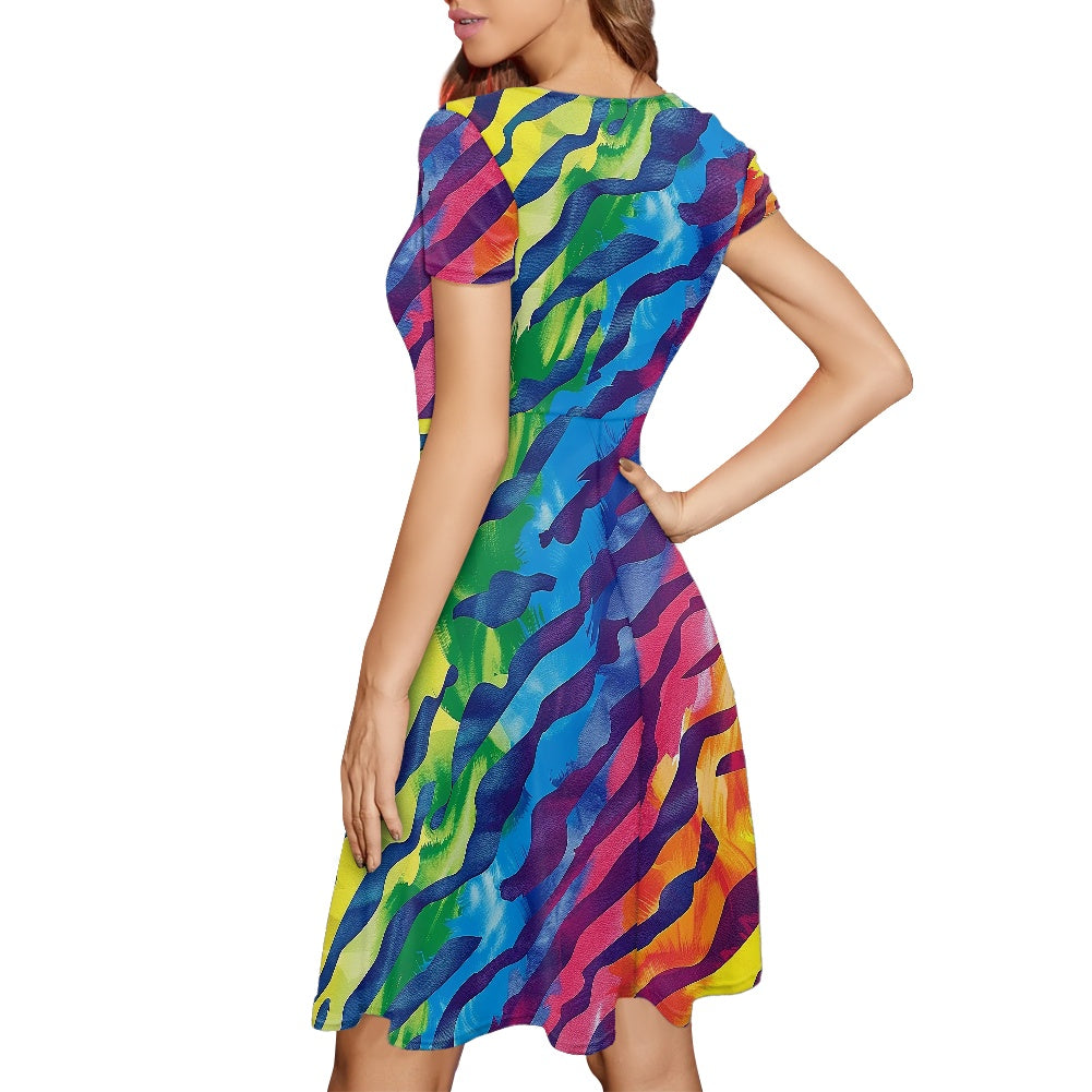 Luxtrini Rainbow Animal Print Womens Scoop Neck Short Sleeve Ruffle Dress - Vibrant, Custom Handmade, Perfect for All Occasions