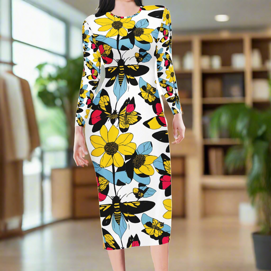 Luxtrini: Bees and Sunflowers Women Bodycon Midi Sheath Dress