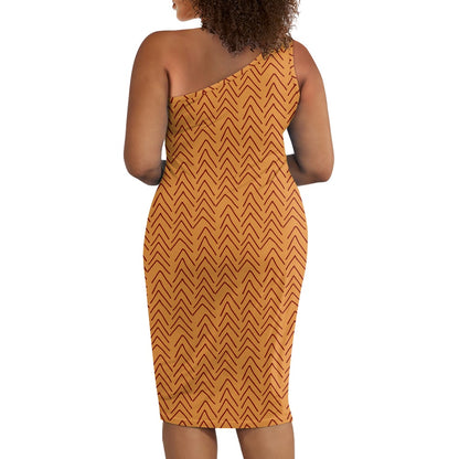 Discover Elegance: Luxtrini's One-Shoulder Slim Dress - Orange Mudcloth - African