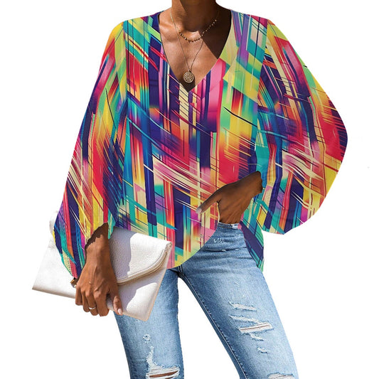 V-Neck Chiffon Puff Sleeve Blouse by Luxtrini 4XL