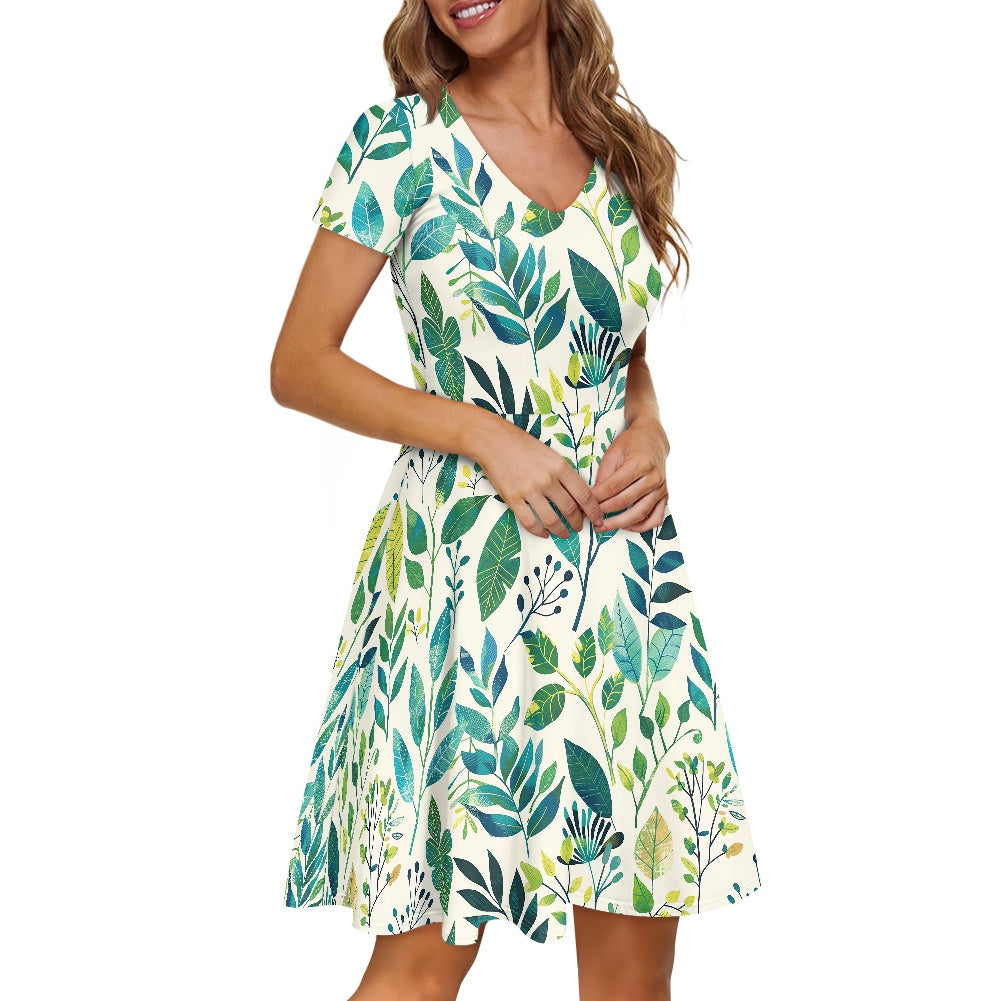 Women V-Neck Short Sleeve Ruffle Dress
