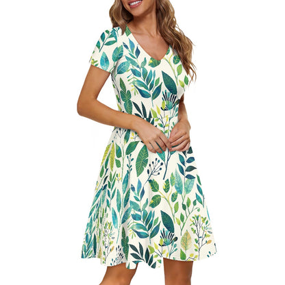 Women V-Neck Short Sleeve Ruffle Dress