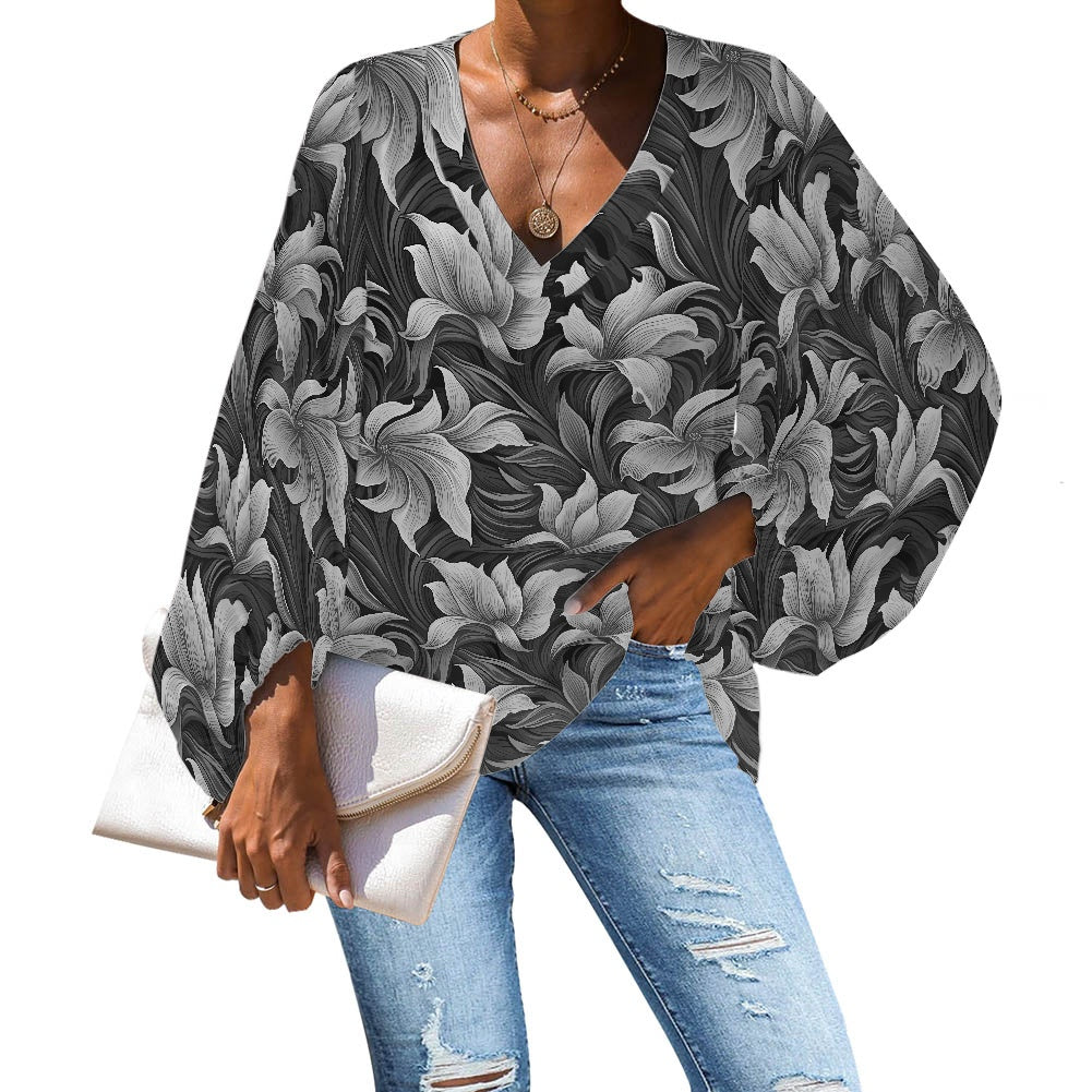 V-Neck Puff Sleeve Chiffon Blouse white