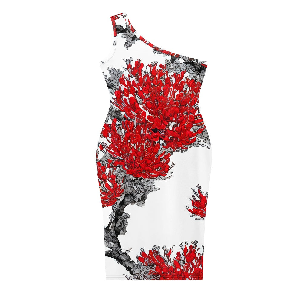 Discover Elegance: Luxtrini's One-Shoulder Slim Dress Red Floral white