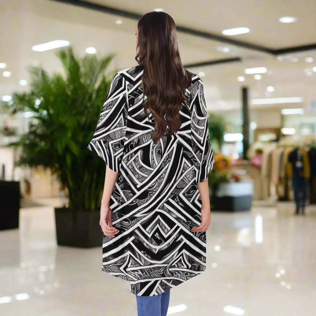 Black and White Polynesian Half Sleeves Knee-length Open Front Cardigan