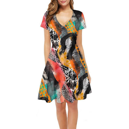 Abstract Animal Skin Women V-Neck Short Sleeve Ruffle Dress
